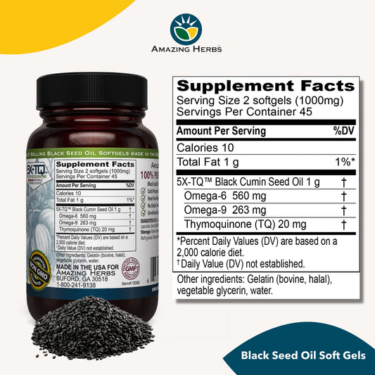 Amazing Herbs cold pressed black cumin seed supplement ingredients label