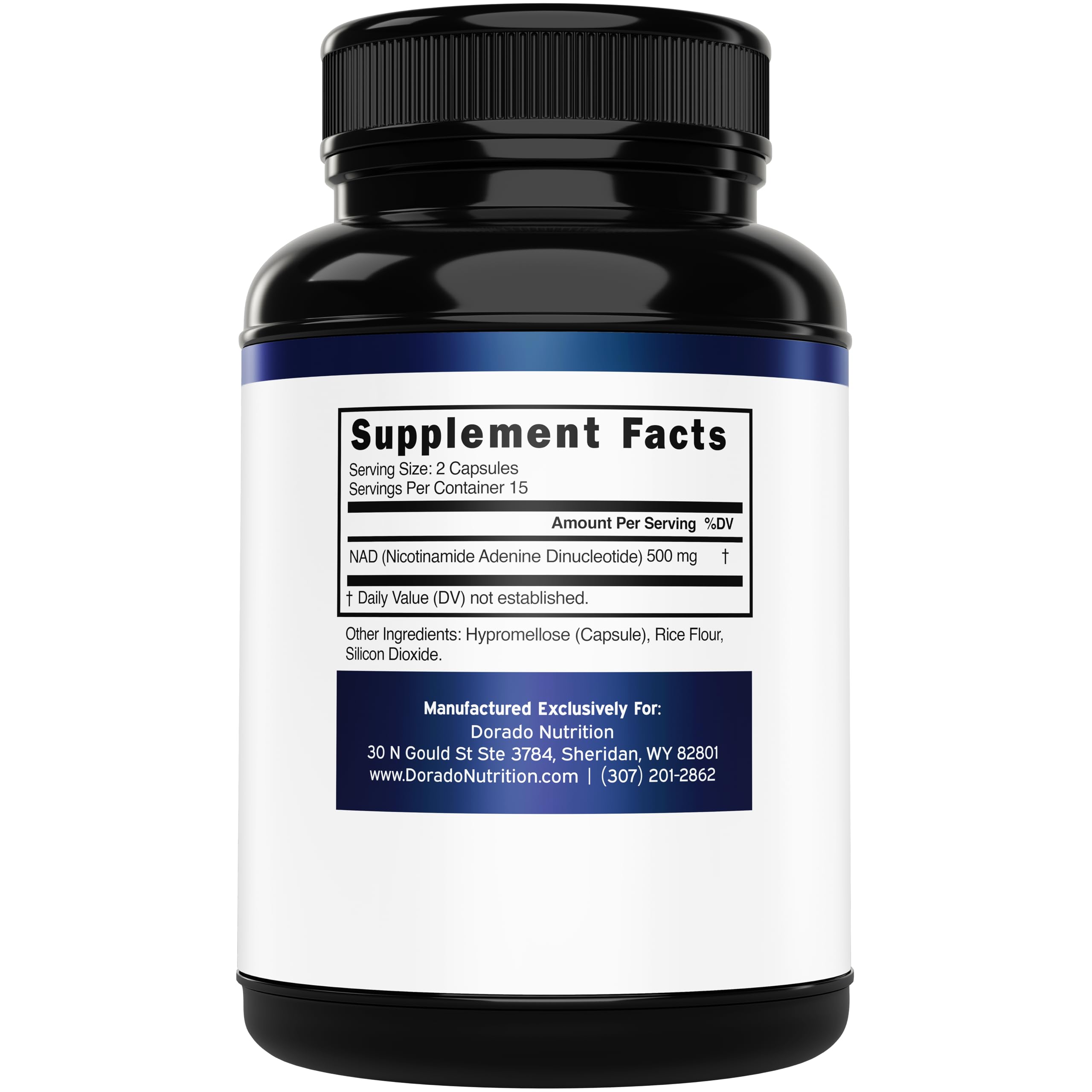 Dorado Nutrition NAD Supplement 30 capsules bottle label details