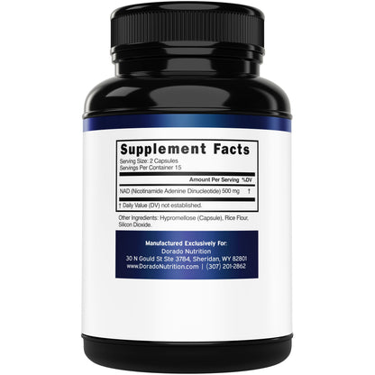 Dorado Nutrition NAD Supplement 30 capsules bottle label details