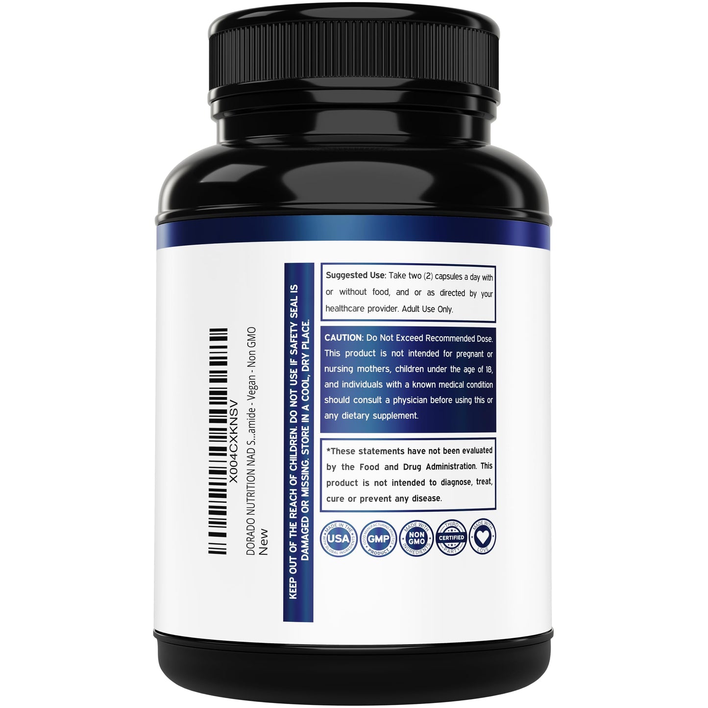 Side view of Dorado Nutrition 500mg NAD plus supplement packaging