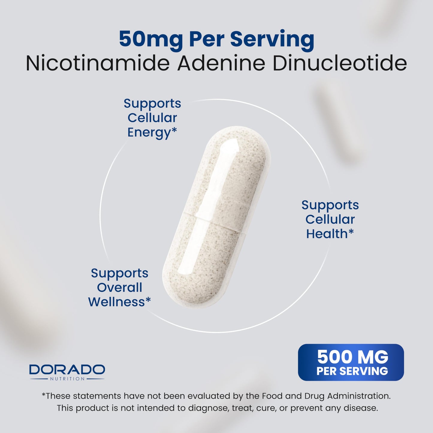 Dorado Nutrition NAD supplement bottle showing vegan and non-GMO labels