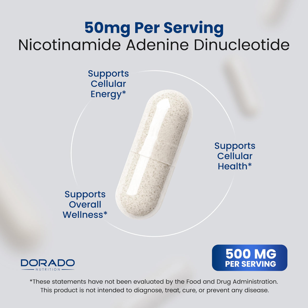 Dorado Nutrition NAD supplement bottle showing vegan and non-GMO labels
