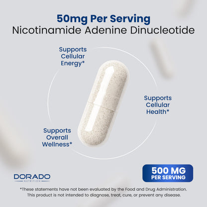 Dorado Nutrition NAD supplement bottle showing vegan and non-GMO labels
