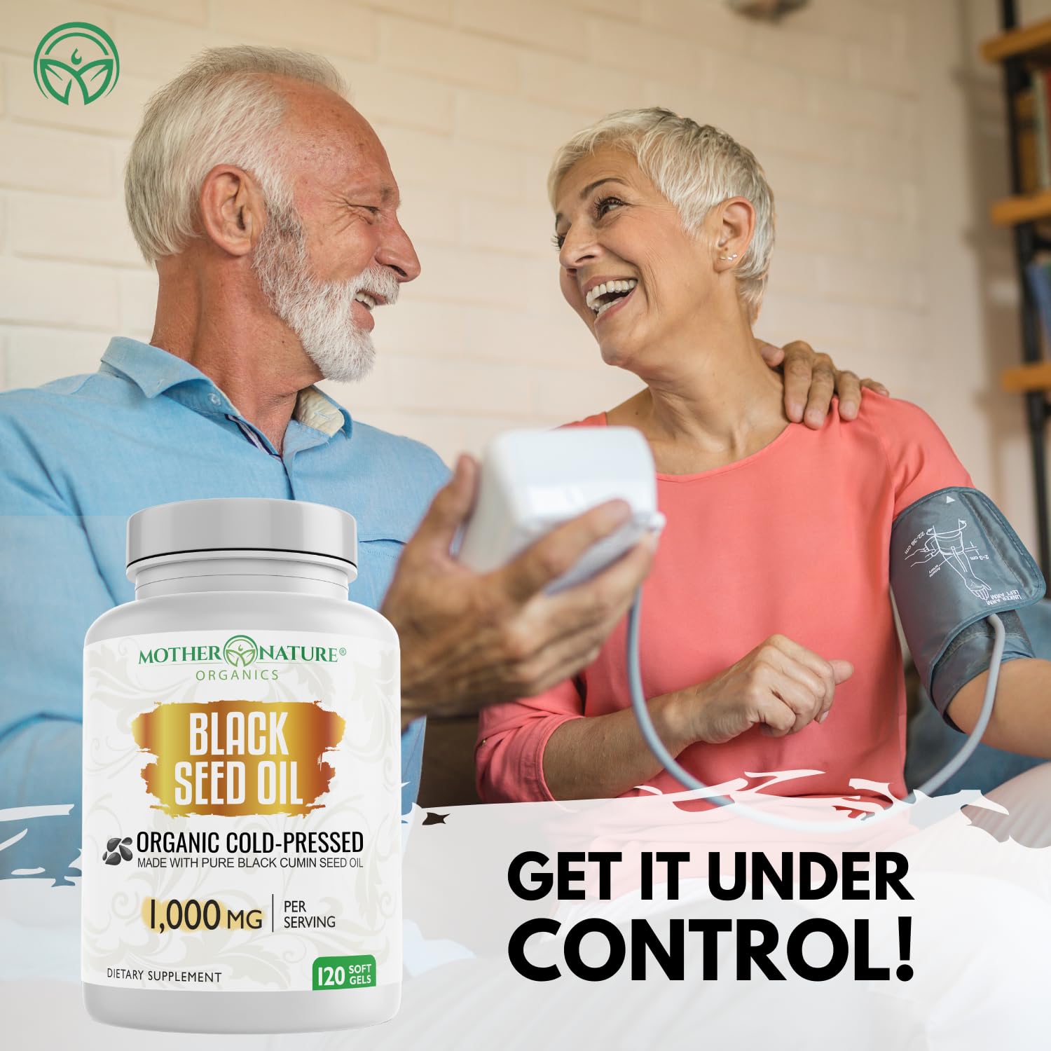 Cold pressed organic black cumin seed oil supplement from Turkey by Mother Nature Organics displaying 1000 milligrams dosage.