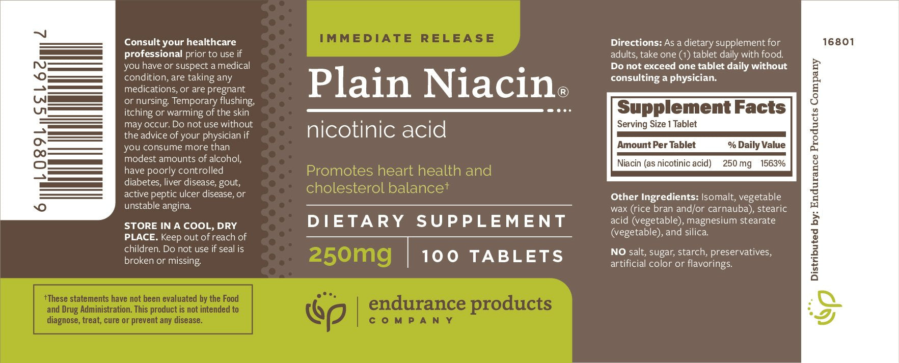 Authentic USA imported Endurance Products plain niacin 100 tablets supplement facts and ingredient label view