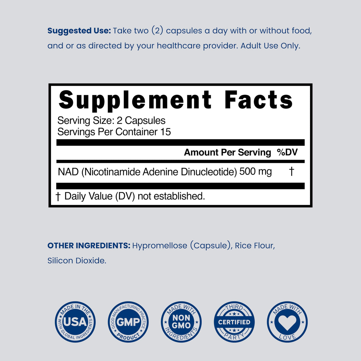 Back label of Dorado Nutrition NAD supplement showing ingredient list