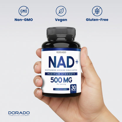 Dorado Nutrition NAD supplement bottle held in hand for scale