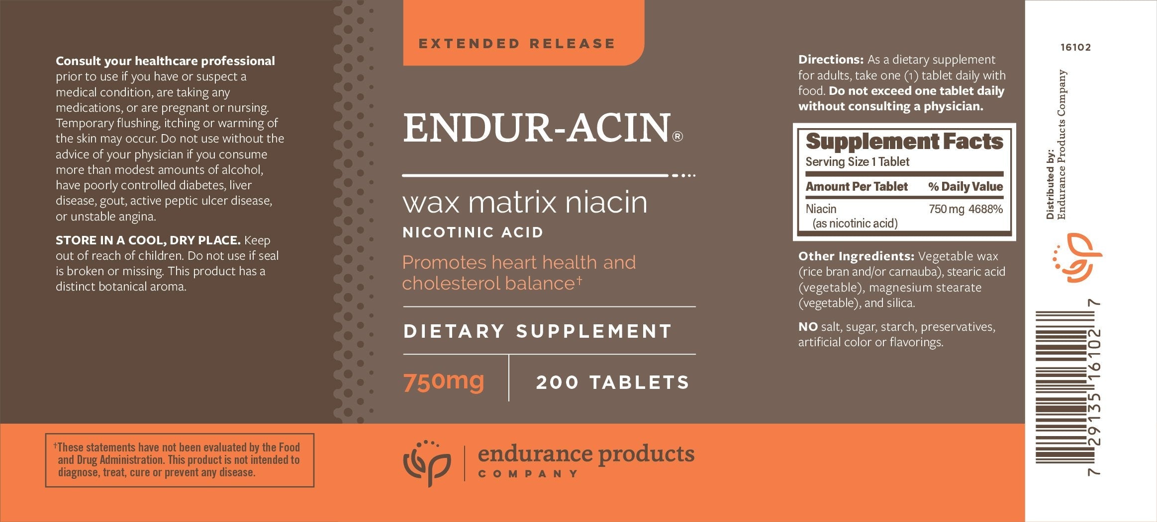 ENDUR-ACIN Extended Release Vitamin B3 750 Milligrams supplement facts label showing ingredients.