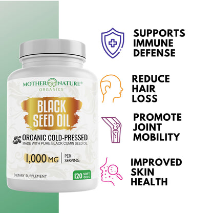 Mother Nature Organics high potency softgel showing minimum two percent Thymoquinone standardization level.