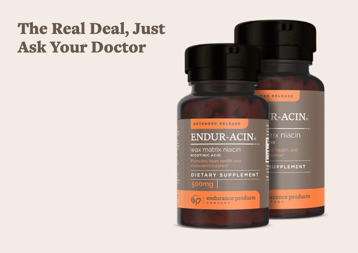 Authentic USA imported ENDUR-ACIN 750 Milligrams heart health support packaging details.
