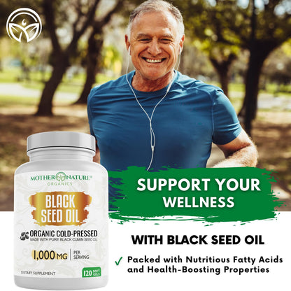 Premium organic Nigella Sativa seed oil dietary capsules highlighted on a clean wooden background.