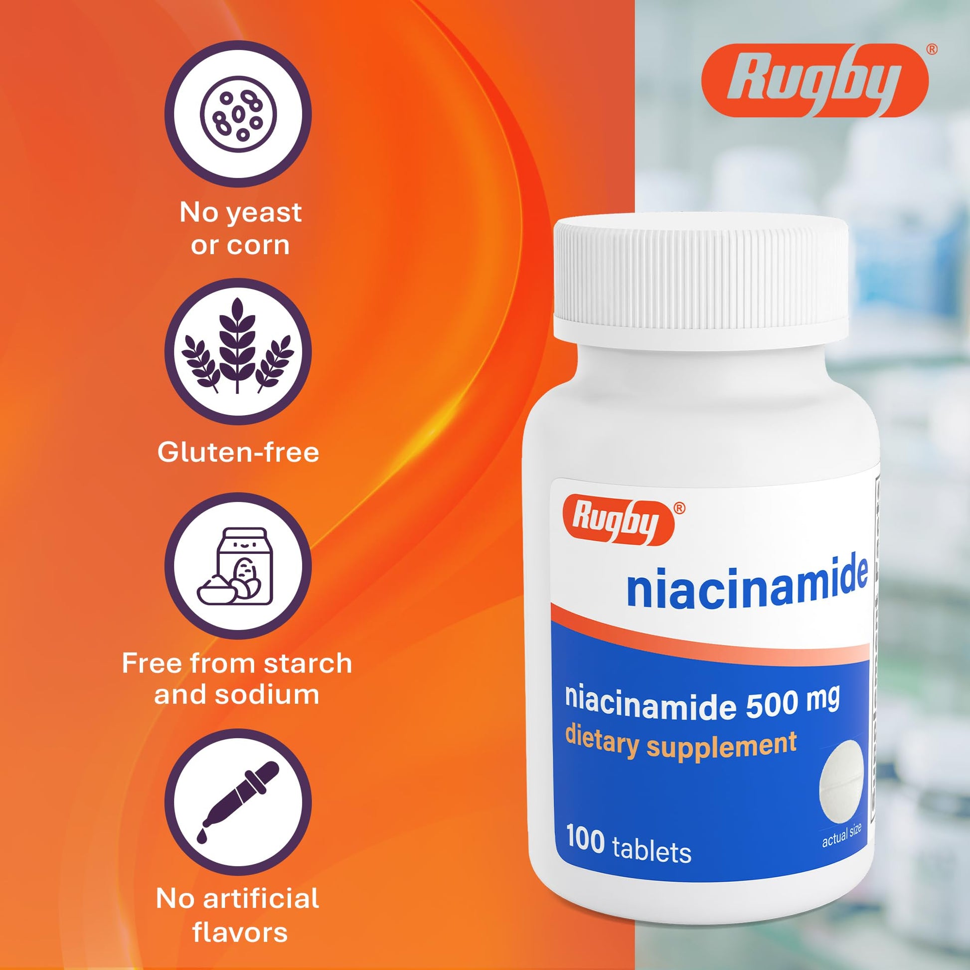USA sourced Rugby Laboratories Niacinamide supplement bottle for daily wellness