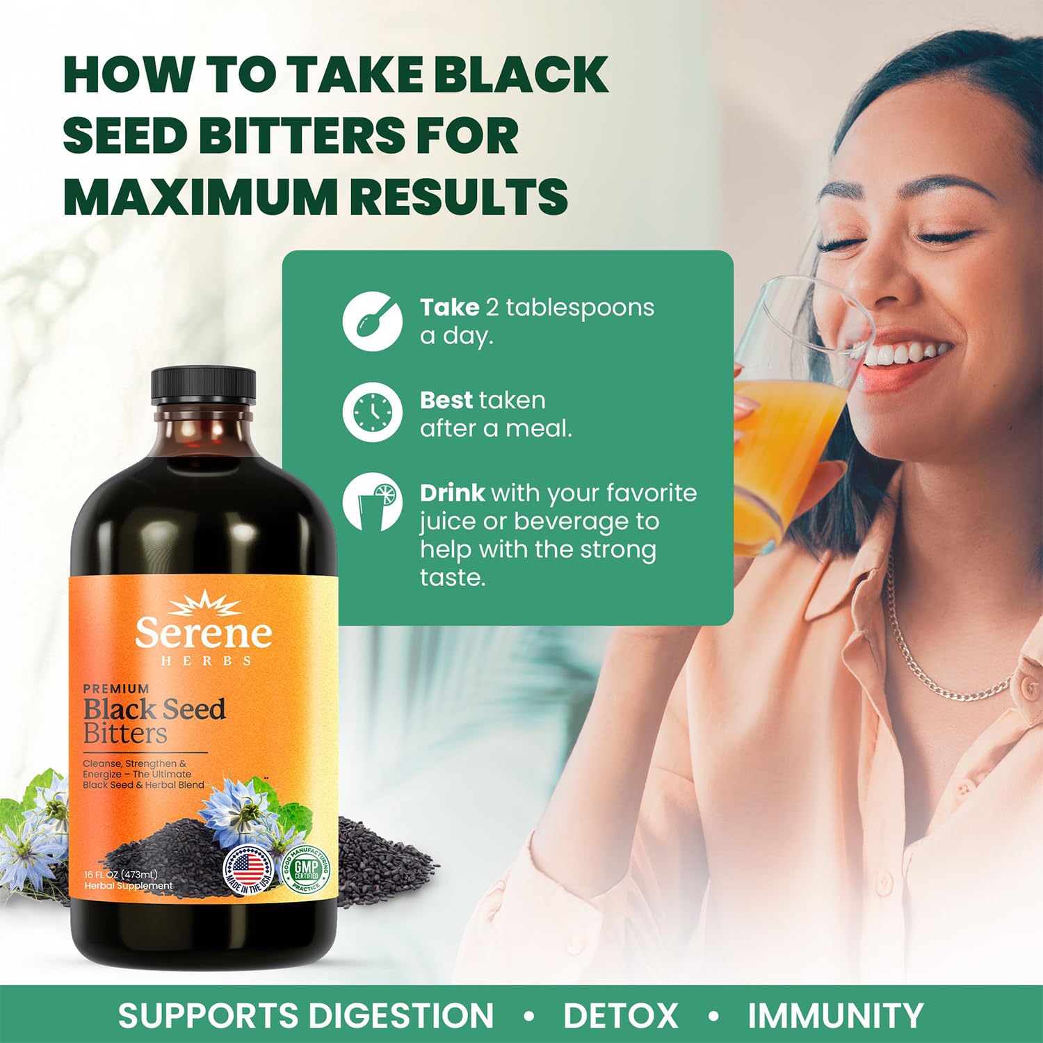 Serene Herbs Premium Black Seed Bitters dietary supplement bottle showing ingredient list