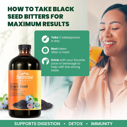 Serene Herbs Premium Black Seed Bitters dietary supplement bottle showing ingredient list