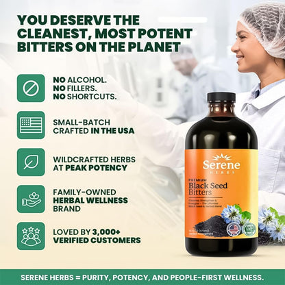 Sixteen fluid ounces bottle of Serene Herbs Black Cumin Seed extract liquid formula