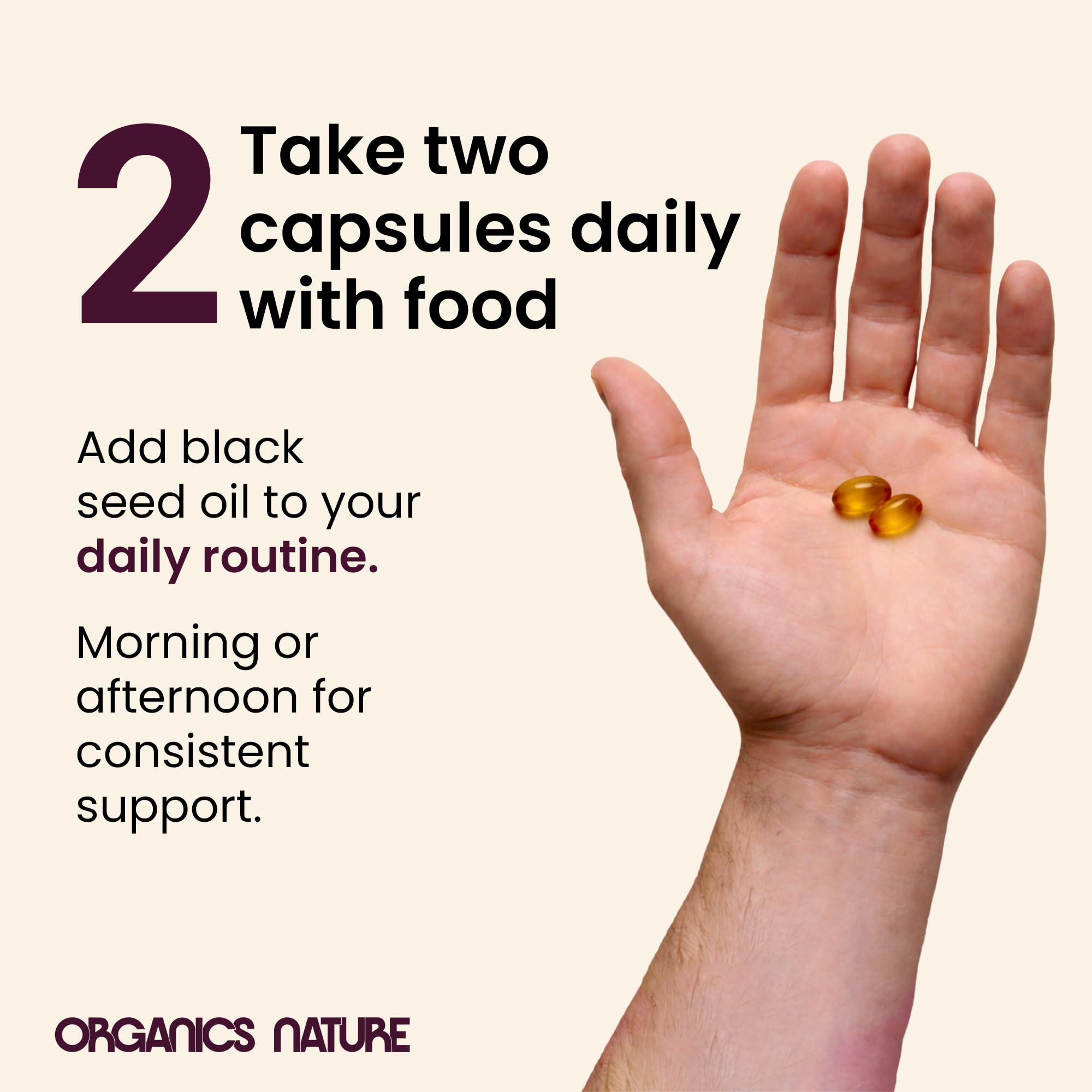 Organics Nature black cumin seed oil supplement capsules nutritional facts label closeup