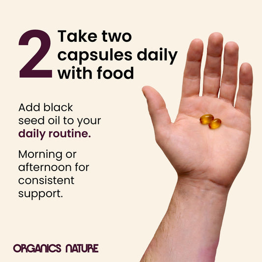 Organics Nature black cumin seed oil supplement capsules nutritional facts label closeup