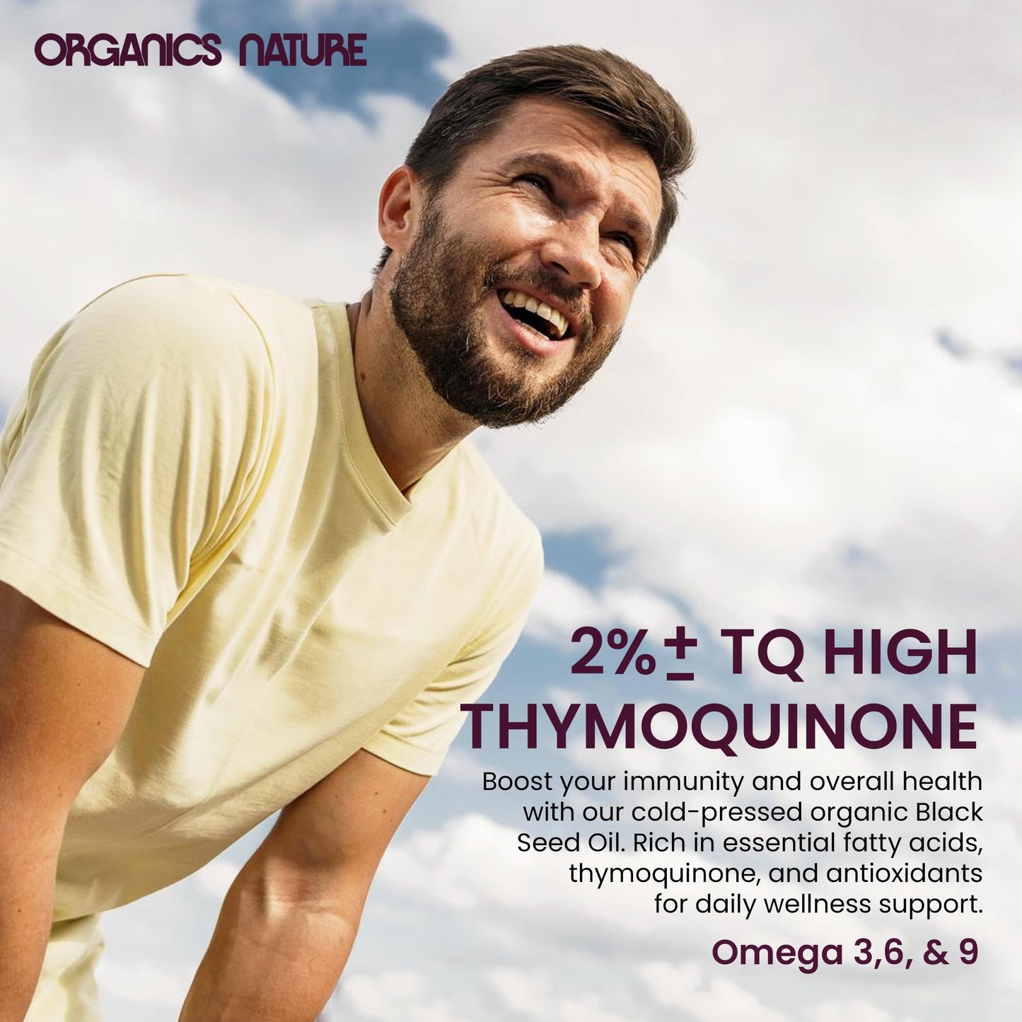 Side view of Organics Nature 60 count black cumin seed oil omega 3 6 9 supplement