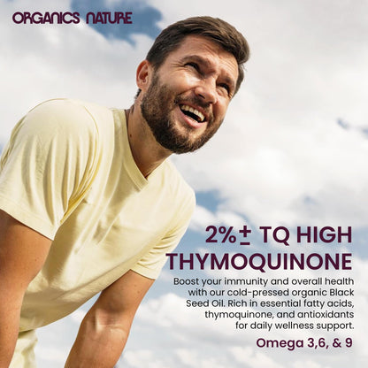 Side view of Organics Nature 60 count black cumin seed oil omega 3 6 9 supplement