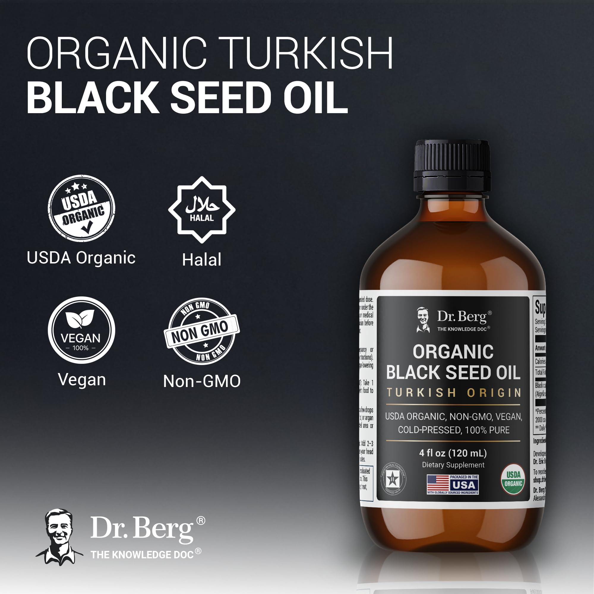 Dr. Berg cold pressed Nigella Sativa liquid supplement bottle showing organic and vegan certifications.