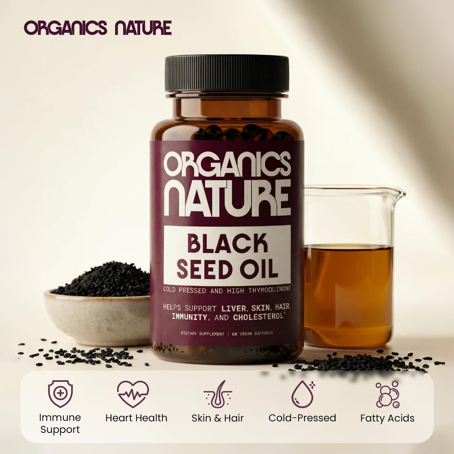 Organics Nature black seed oil dietary supplement bottle showing clean vegan formula icons