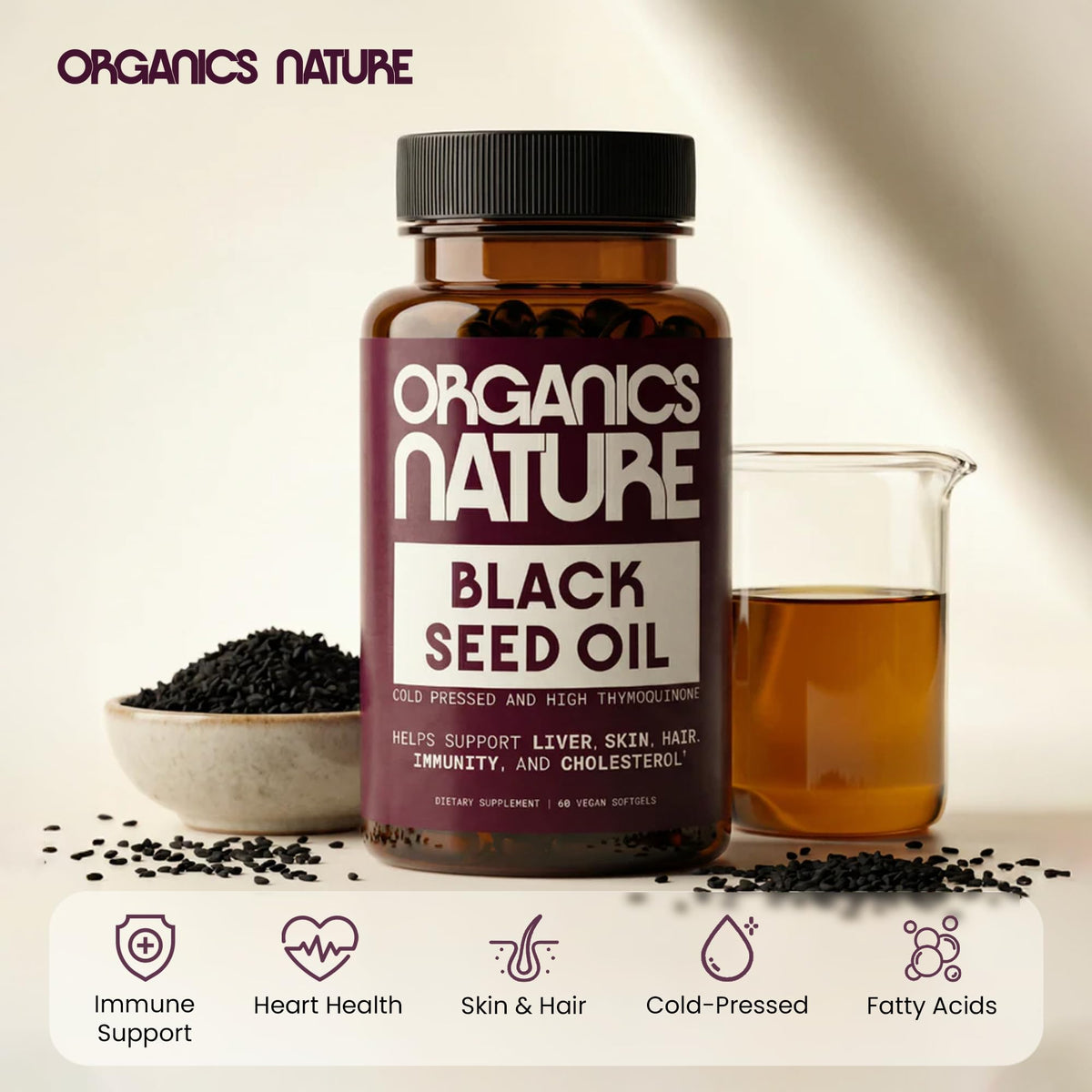 Top view of Organics Nature 60 count softgel container