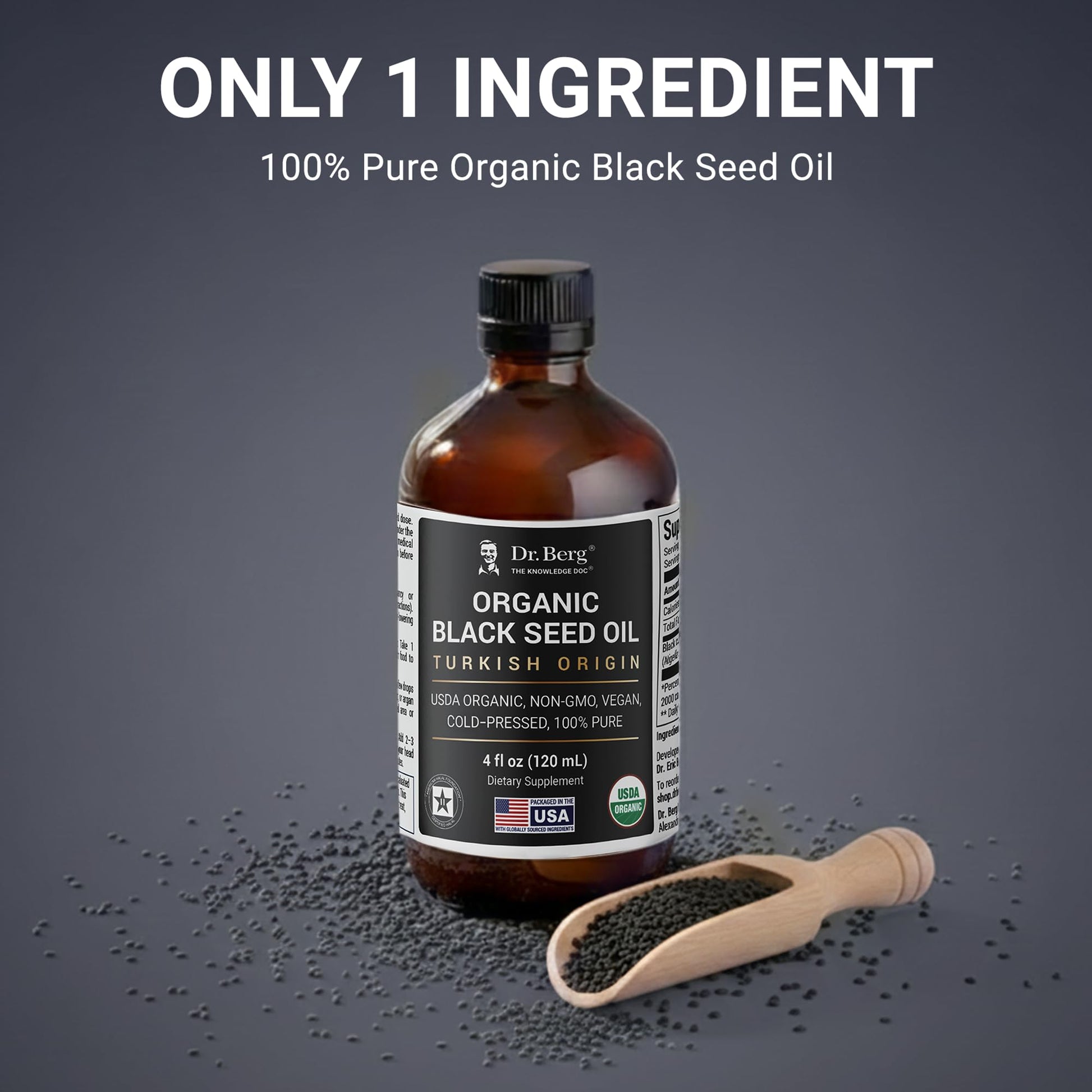 Back label of Dr. Berg black cumin seed oil detailing usage instructions and supplement facts.