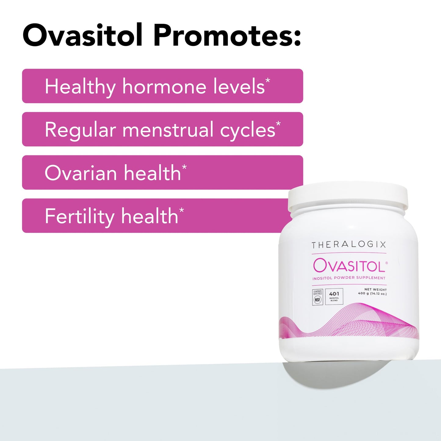 Theralogix Ovasitol unflavored inositol powder for PCOS support close up view