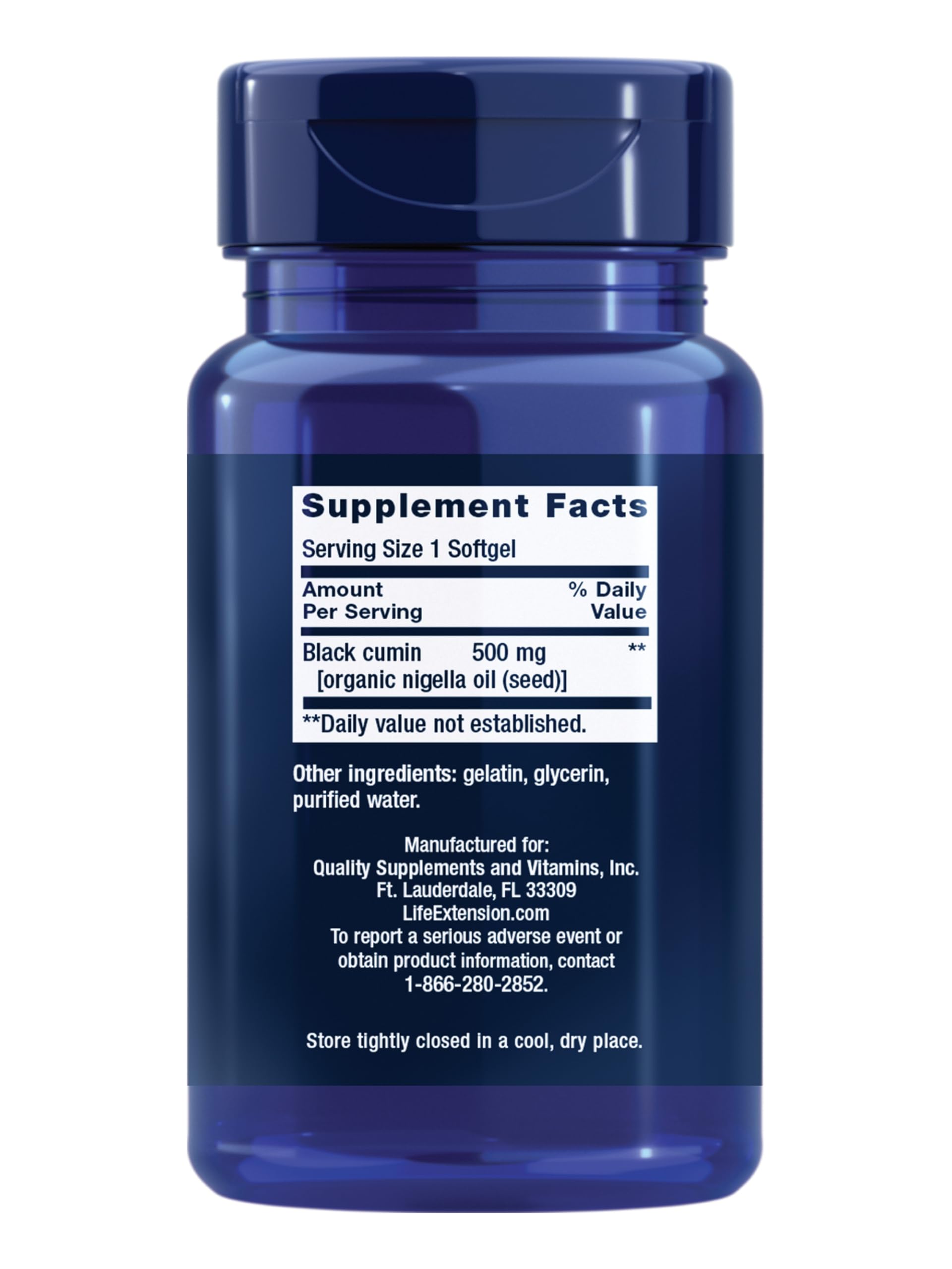 Life Extension black seed oil immune health supplement label and ingredient facts