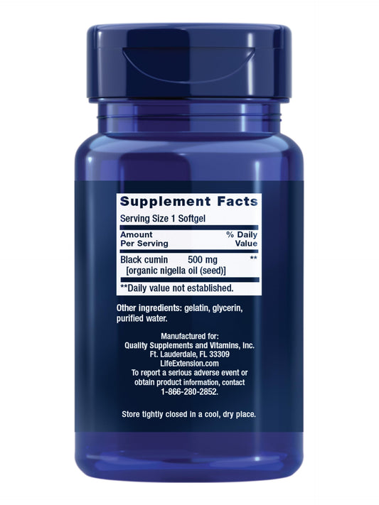 Life Extension black seed oil immune health supplement label and ingredient facts