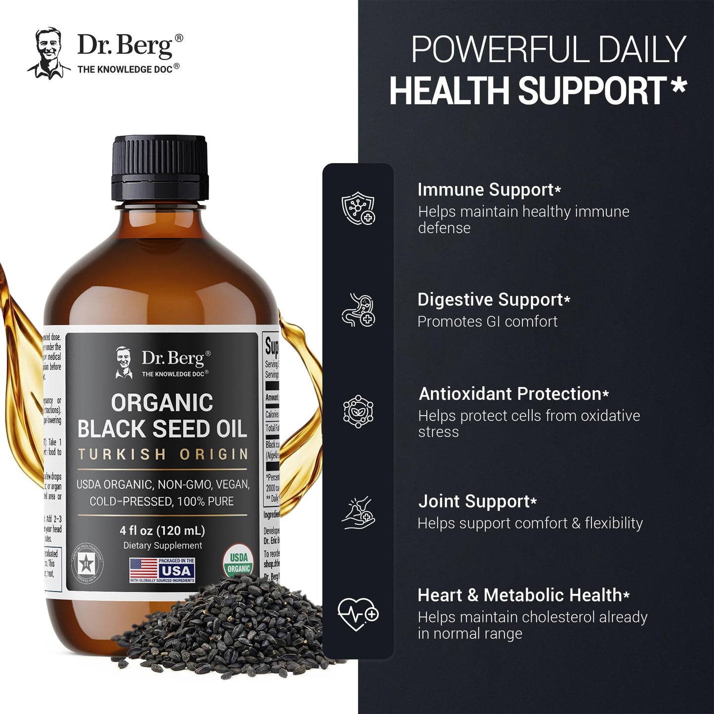 Side view of Dr. Berg premium cold pressed liquid wellness supplement for immune support.