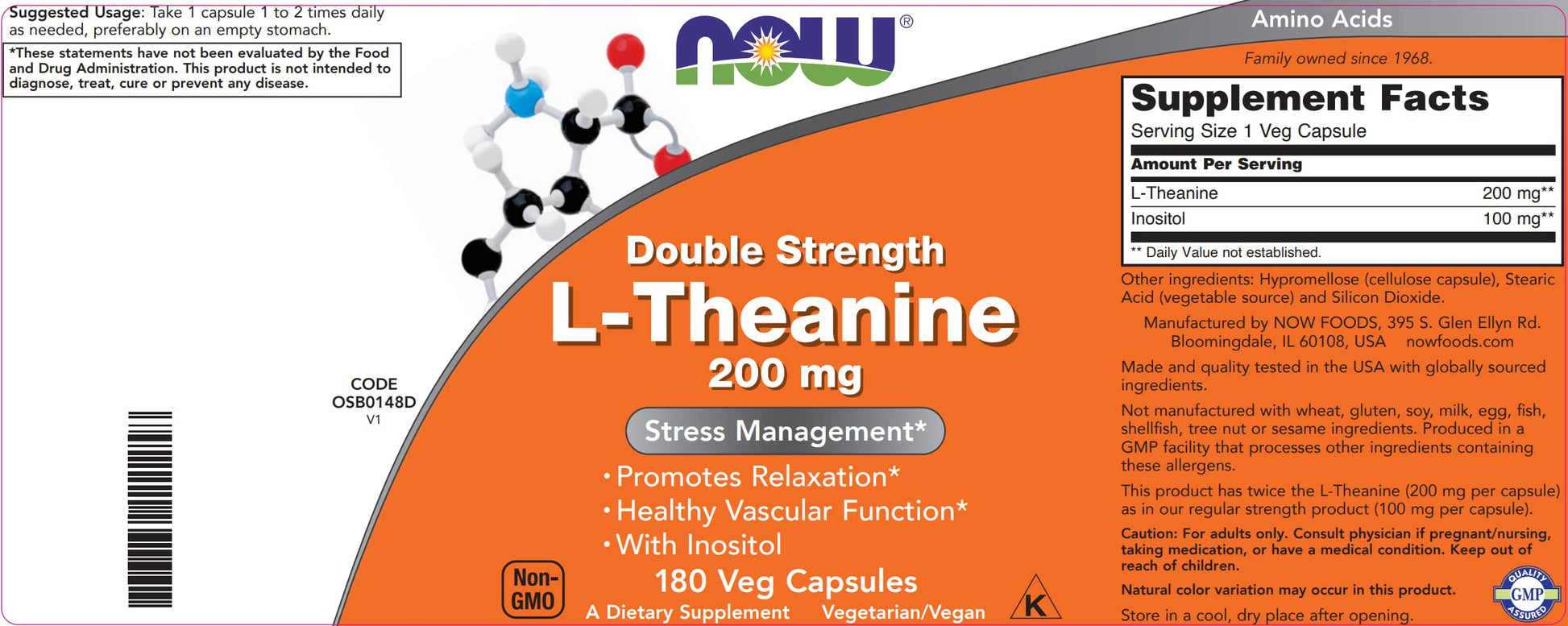 Back label of Now Foods L-Theanine showing ingredient list and Inositol content