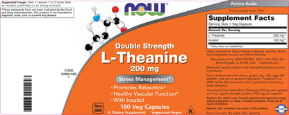 Back label of Now Foods L-Theanine showing ingredient list and Inositol content