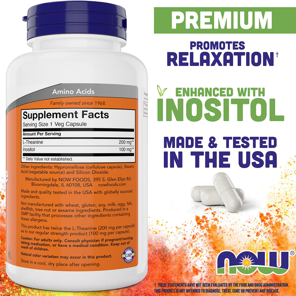Now Foods L-Theanine 180 vegetarian capsules bottle side profile