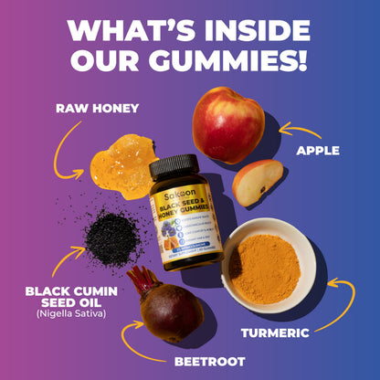 Chewable blueberry flavored vegan black seed gummies displayed next to the supplement packaging
