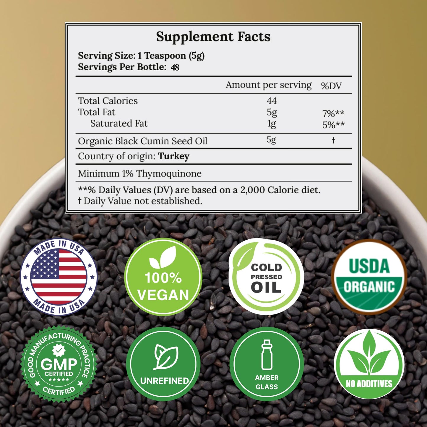Vocks C Care unrefined black cumin seed oil bottle displaying the USDA certified organic seal and nutrient facts