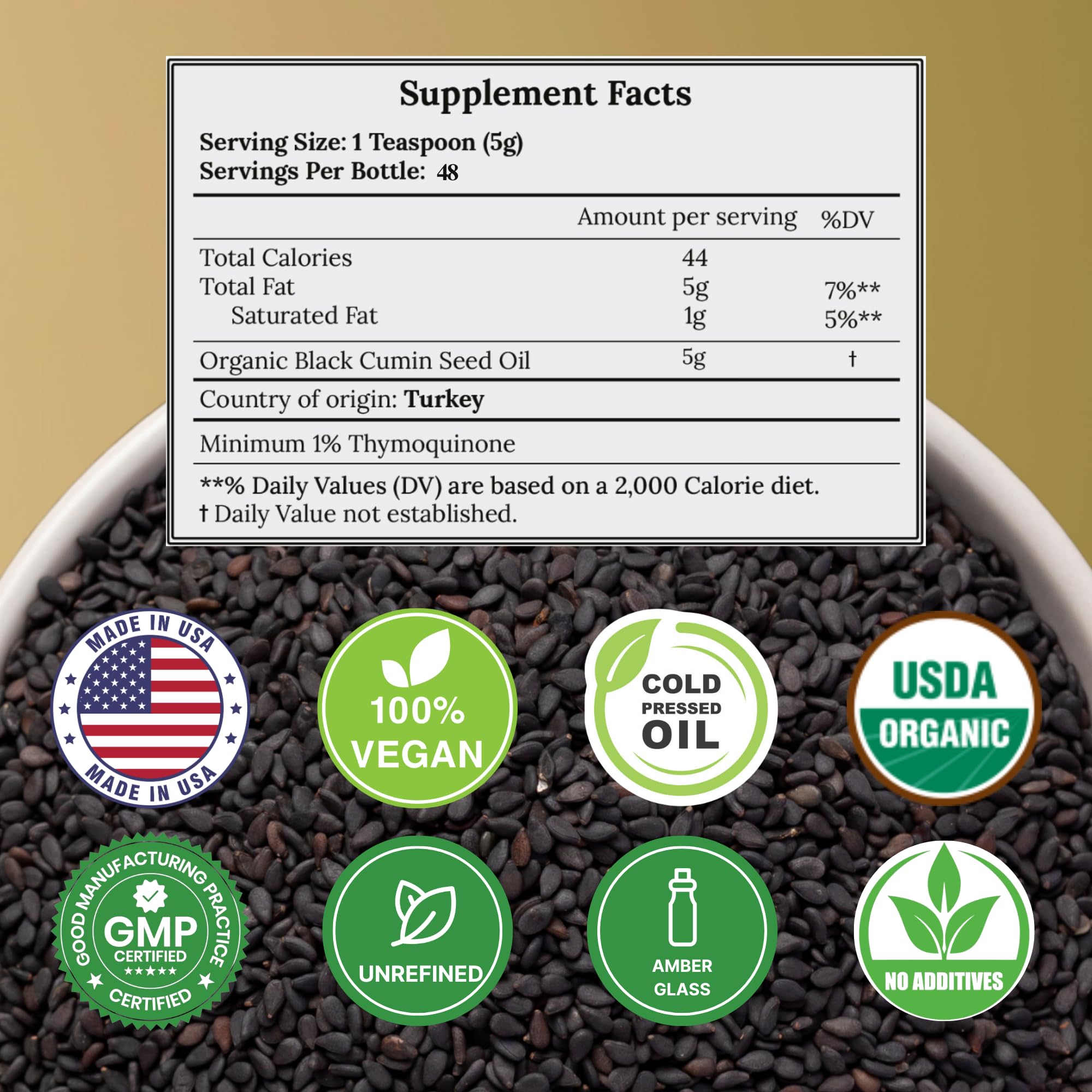 Vocks C Care unrefined black cumin seed oil bottle displaying the USDA certified organic seal and nutrient facts