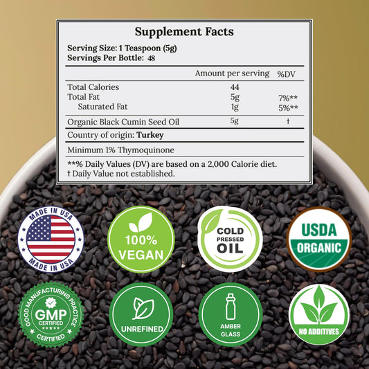 Vocks C Care unrefined black cumin seed oil bottle displaying the USDA certified organic seal and nutrient facts