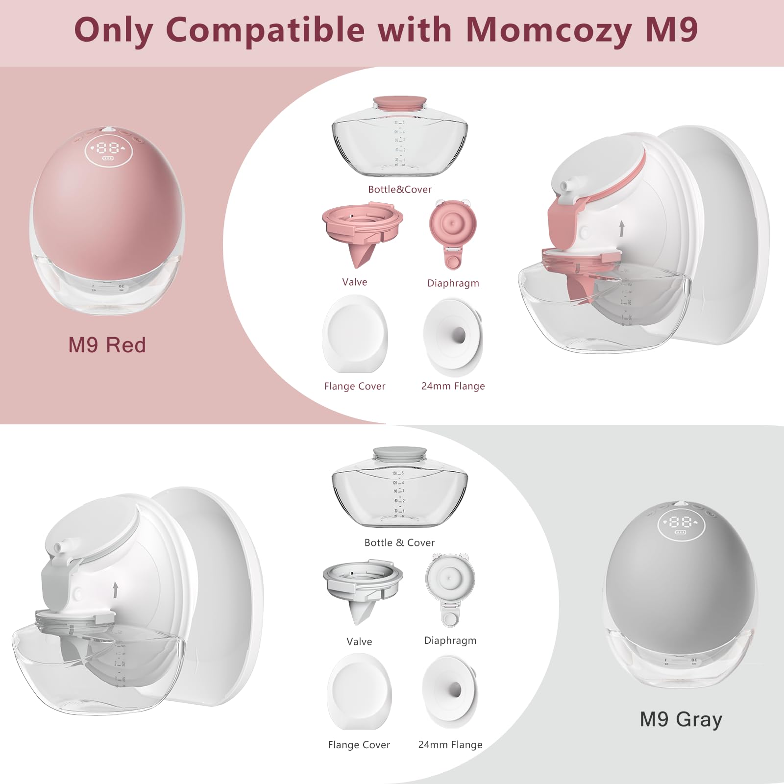 Detailed view of Momcozy M9 compatible red valve and diaphragm