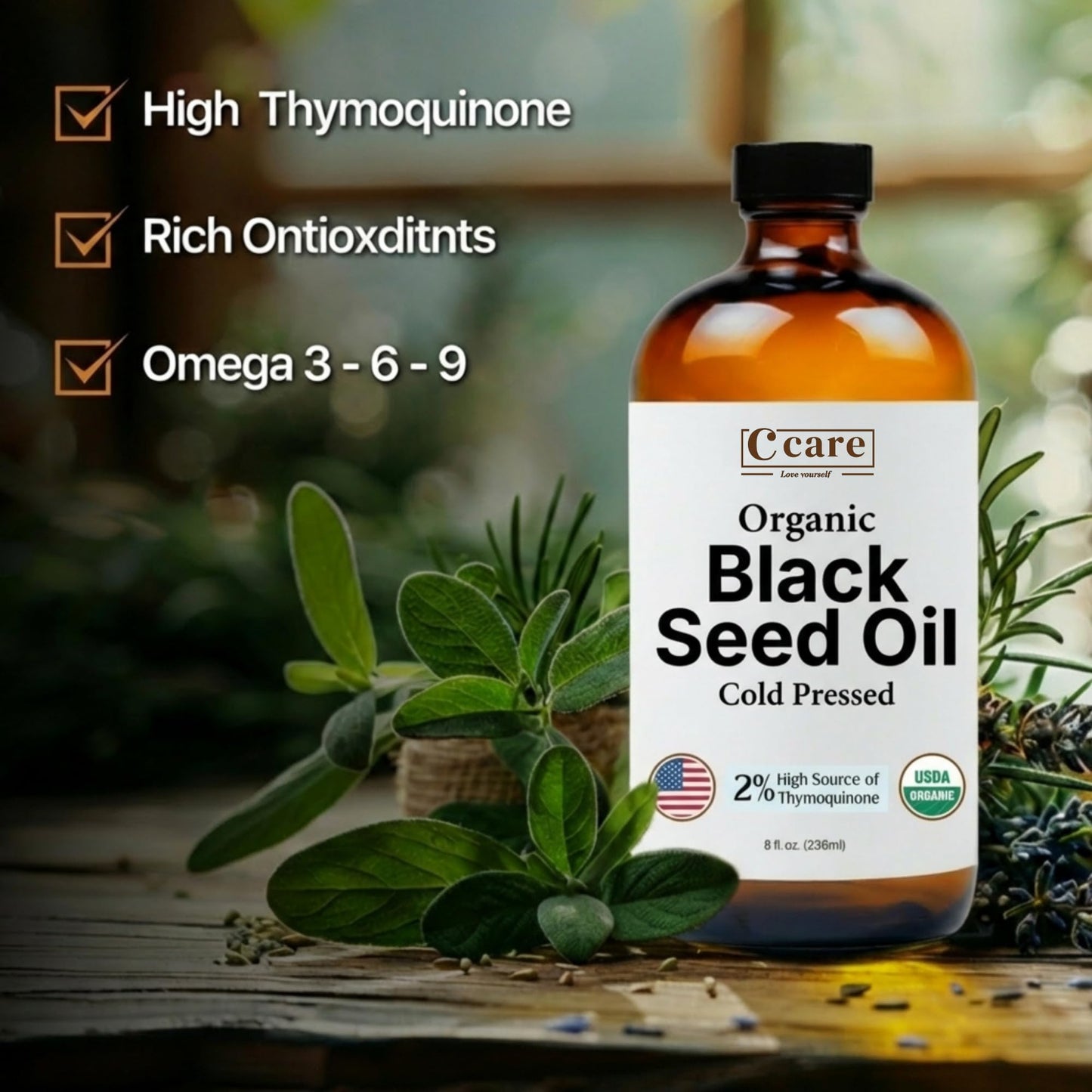 Back label of Vocks C Care black cumin seed oil showing product usage instructions and clean vegan ingredients list