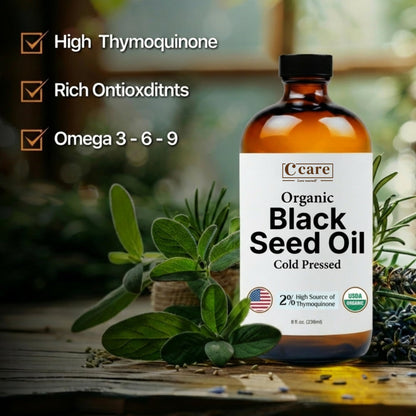 Back label of Vocks C Care black cumin seed oil showing product usage instructions and clean vegan ingredients list