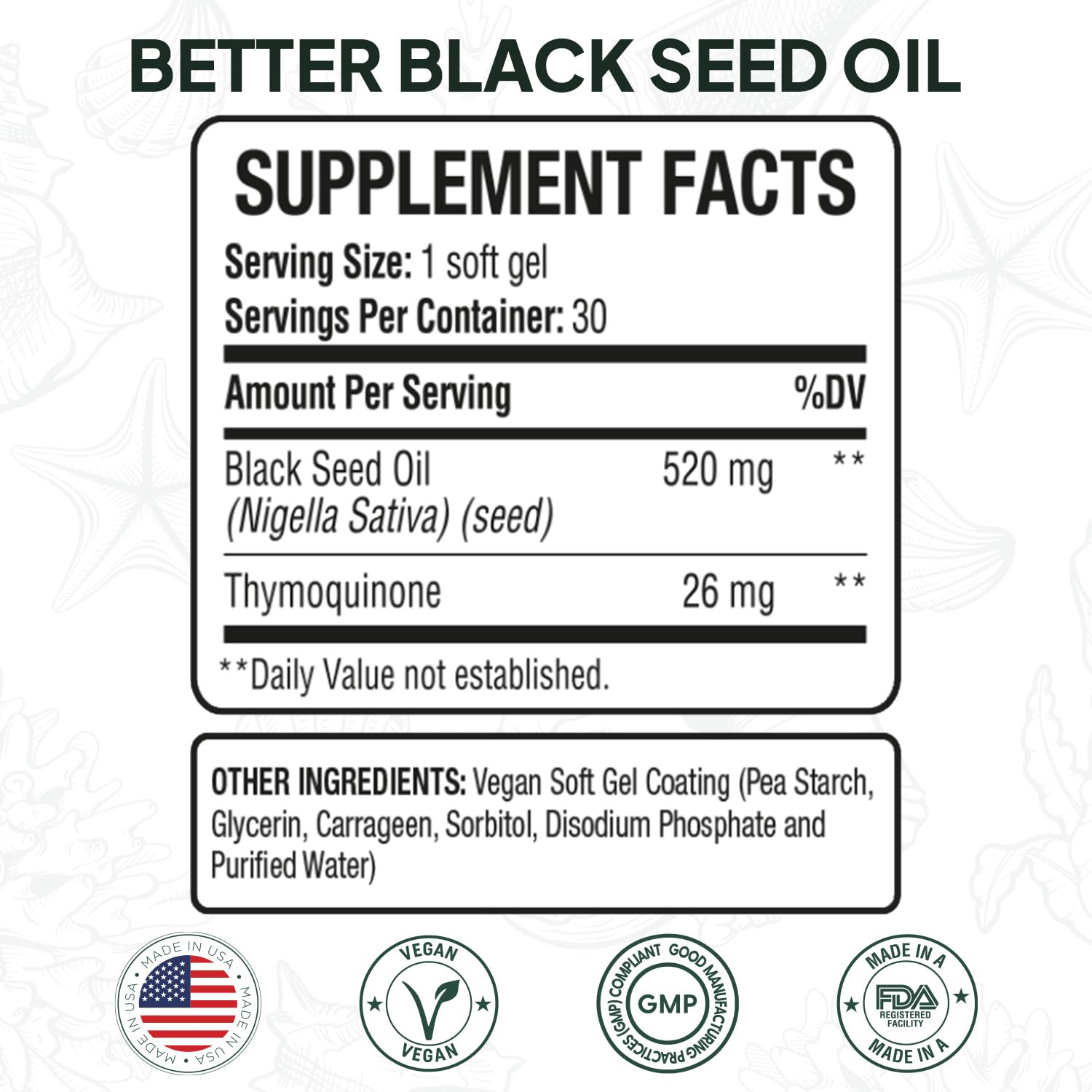 Organics Ocean black cumin seed supplement label highlighting the five percent thymoquinone concentration.