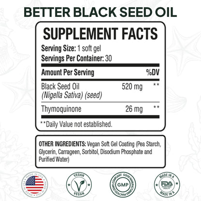 Organics Ocean black cumin seed supplement label highlighting the five percent thymoquinone concentration.