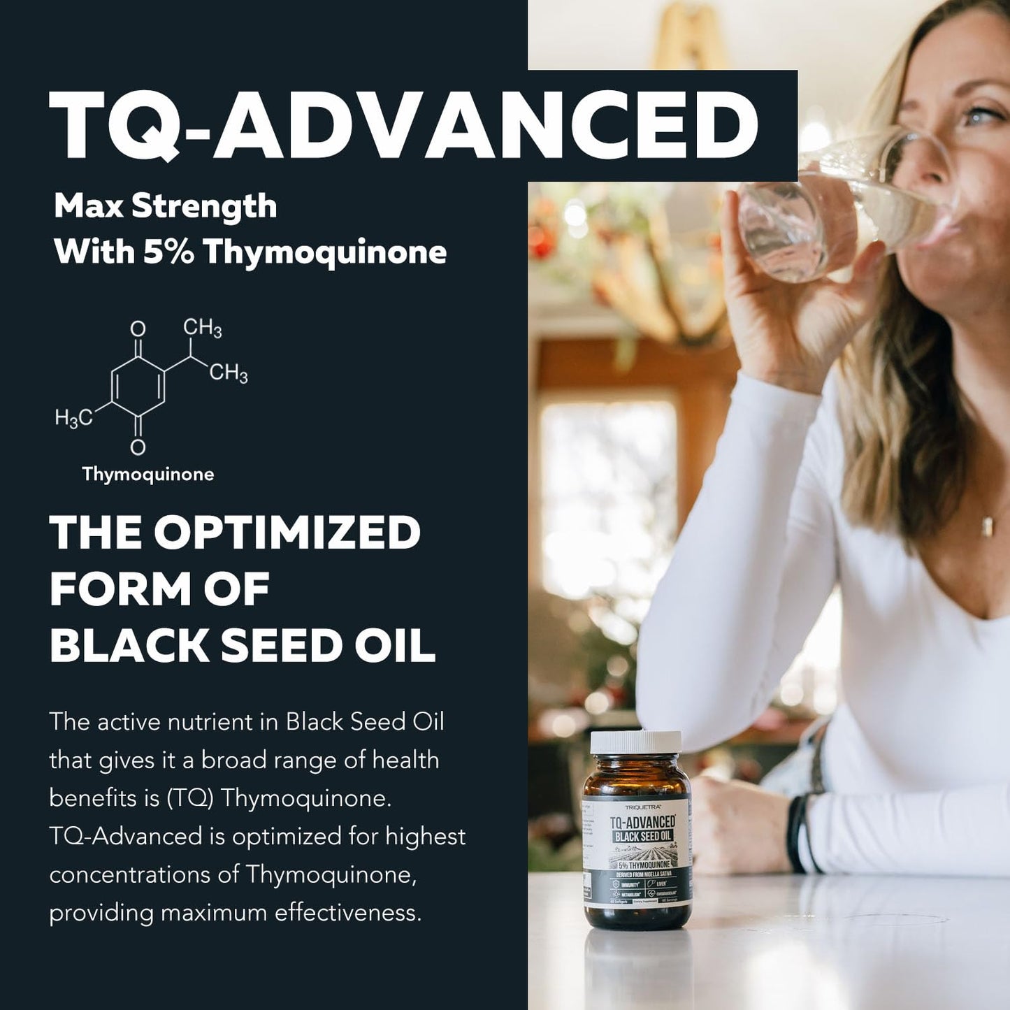 Triquetra Health TQ-Advanced supplement facts label showing 500 mg raw Nigella sativa extract per serving