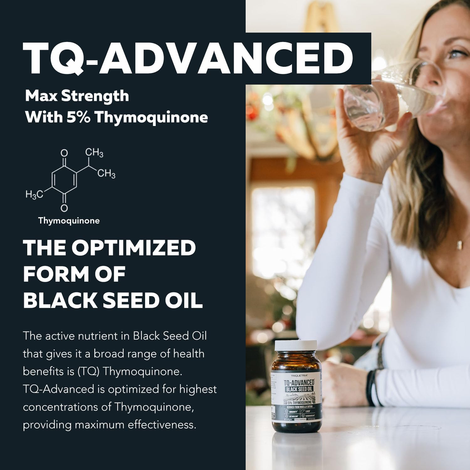 Triquetra Health TQ-Advanced supplement facts label showing 500 mg raw Nigella sativa extract per serving