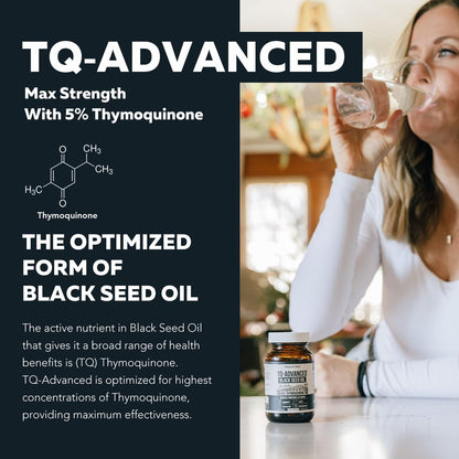 Triquetra Health TQ-Advanced supplement facts label showing 500 mg raw Nigella sativa extract per serving