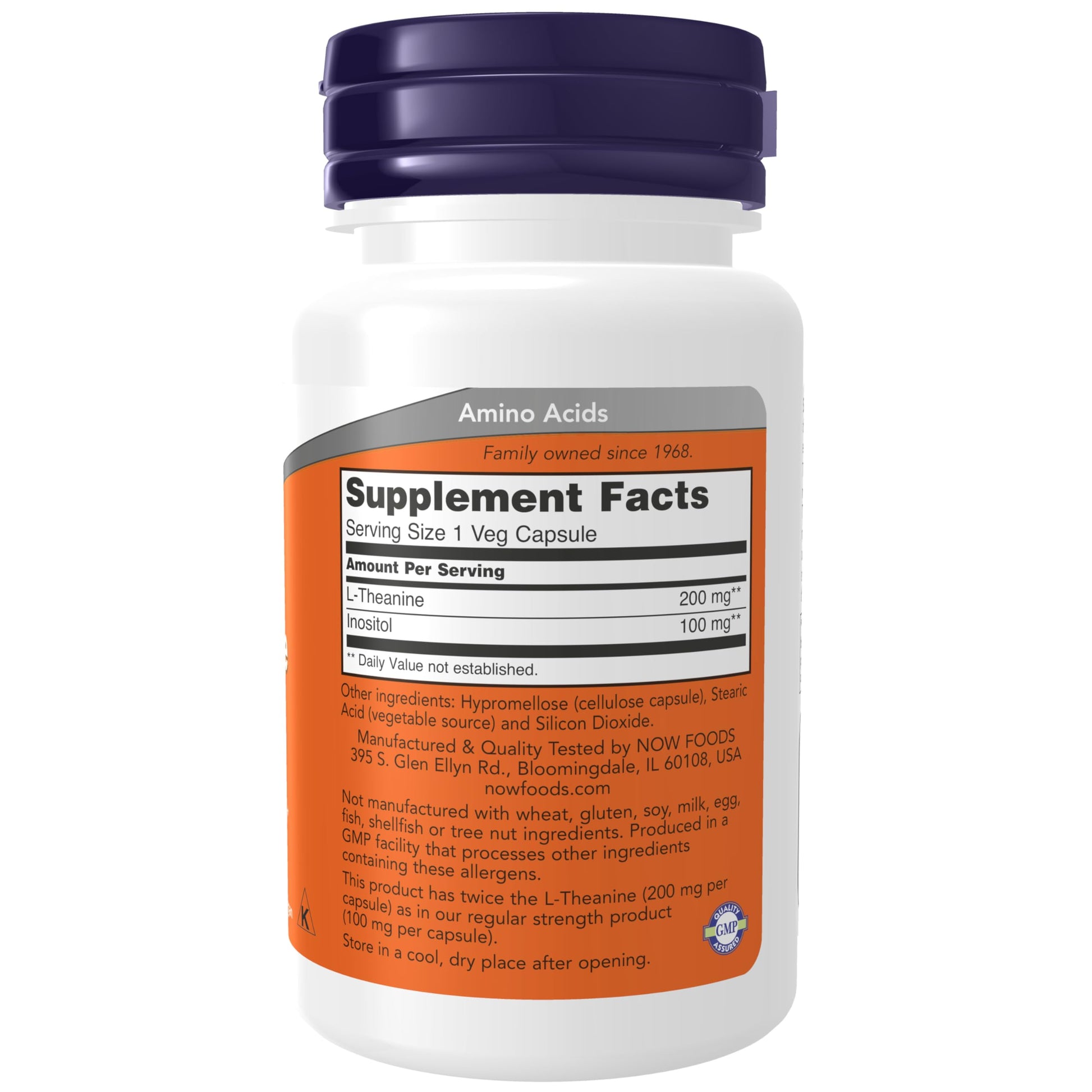 Now Foods L-Theanine supplement label detailing ingredients and dosage