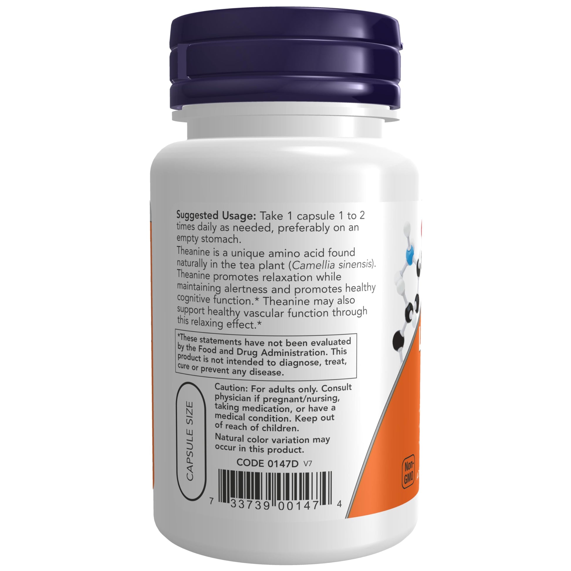 Side view of Now Foods L-Theanine 60 vegetarian capsules bottle