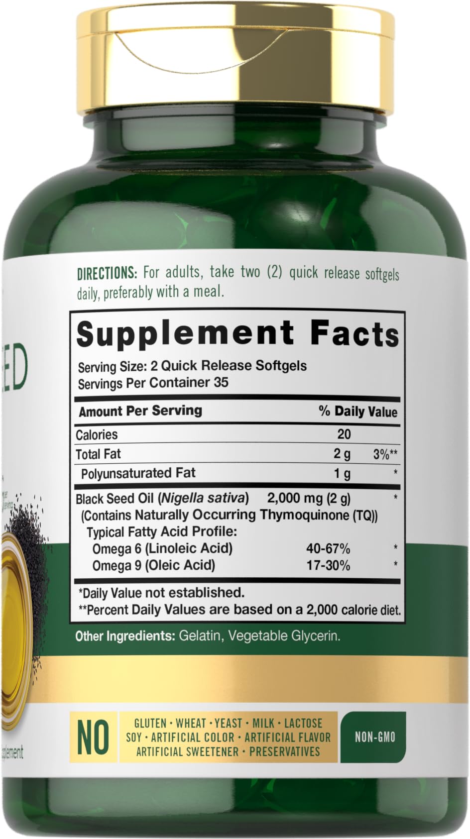 Authentic Carlyle Nigella Sativa black cumin seed oil 70 softgel capsules showing clear dietary highlights.