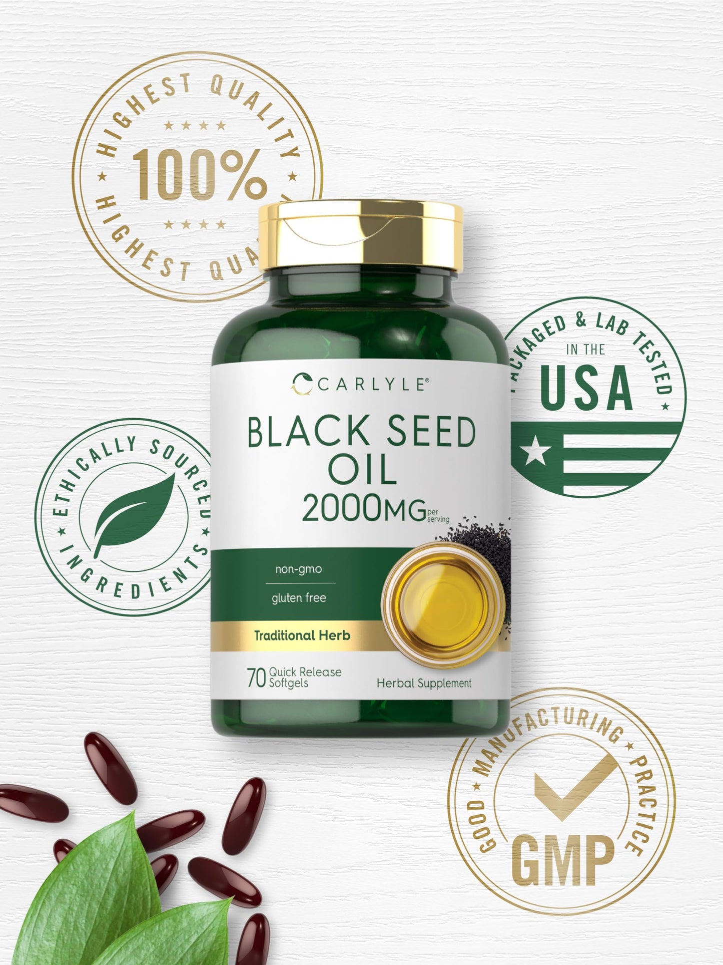Carlyle premium herbal black seed supplement packaging displaying omega 6 and omega 9 benefits.